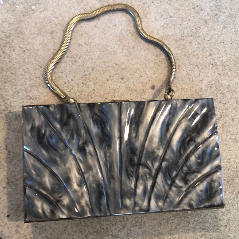 Vintage Llewellyn Gray 50’s Lucite hard evening bag handbag with make up compart